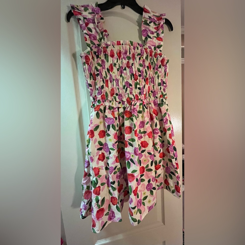 English Factory White Floral Smocked Mini Dress with Pink & Red Flowers